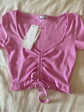 Zara Pink Ribbed Ruched Drawstring Crop Top